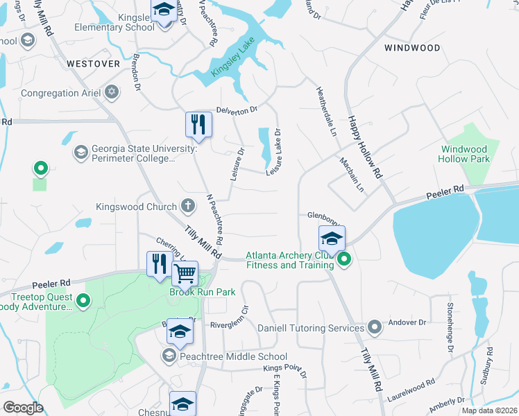 map of restaurants, bars, coffee shops, grocery stores, and more near 2360 Fenhurst Place in Dunwoody