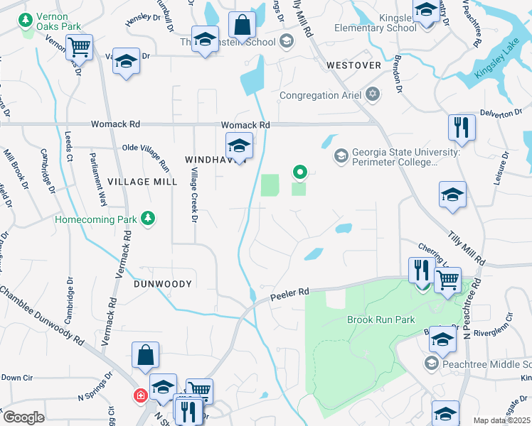 map of restaurants, bars, coffee shops, grocery stores, and more near 4841 Village North Court in Dunwoody