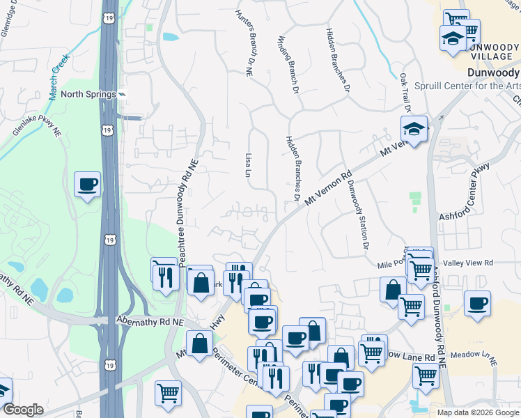 map of restaurants, bars, coffee shops, grocery stores, and more near 1 Vernon Glen Court in Dunwoody