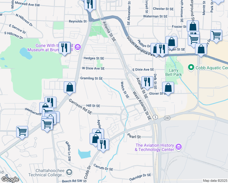 map of restaurants, bars, coffee shops, grocery stores, and more near 564 Little Street Southeast in Marietta