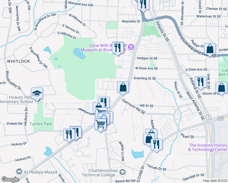 map of restaurants, bars, coffee shops, grocery stores, and more near 262 Senna Street in Marietta
