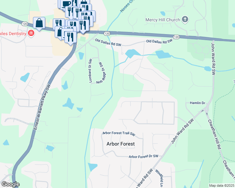 map of restaurants, bars, coffee shops, grocery stores, and more near 448 Lower Shoreline Court in Marietta