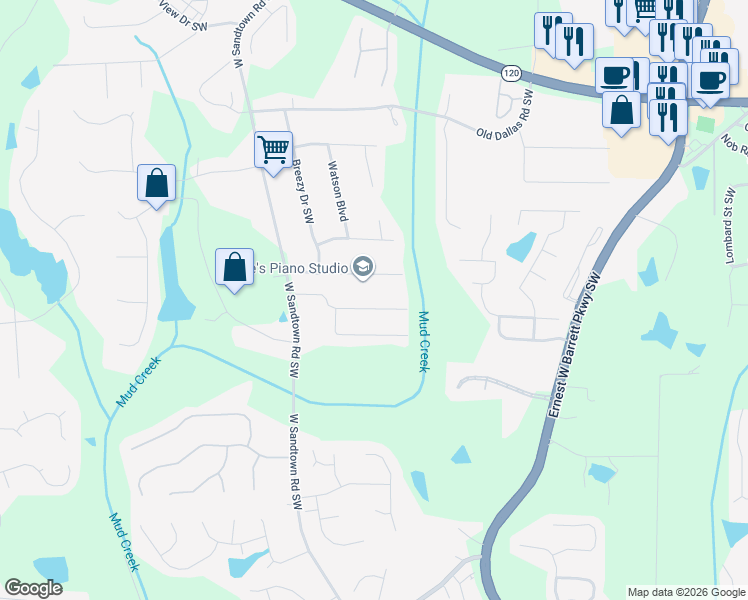 map of restaurants, bars, coffee shops, grocery stores, and more near 2986 Sutton Drive Southwest in Marietta