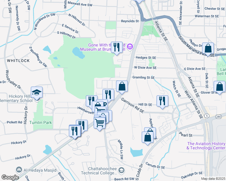 map of restaurants, bars, coffee shops, grocery stores, and more near 262 Senna Street in Marietta