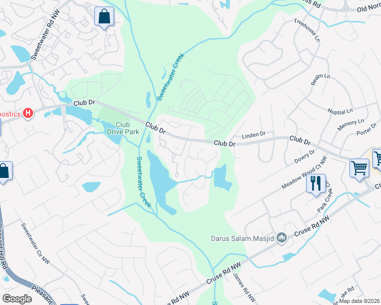 map of restaurants, bars, coffee shops, grocery stores, and more near 1145 Kibbe Circle Northwest in Lawrenceville