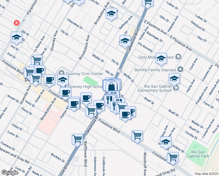 map of restaurants, bars, coffee shops, grocery stores, and more near Lakewood Boulevard & 5th Street in Downey