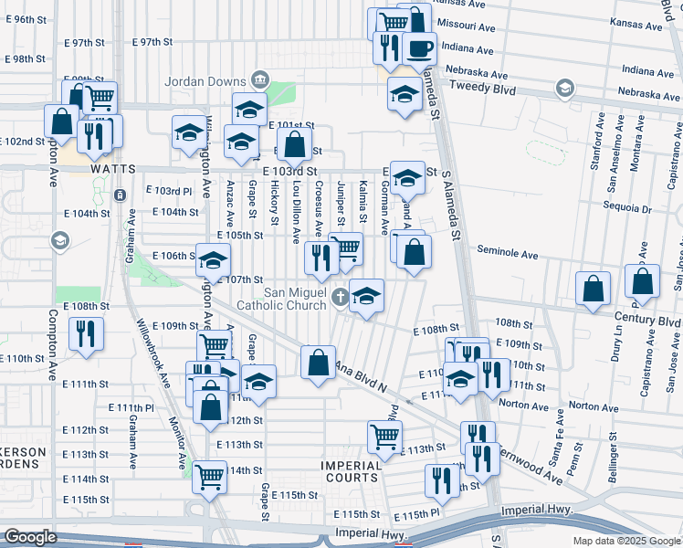 map of restaurants, bars, coffee shops, grocery stores, and more near 10623 Juniper Street in Los Angeles