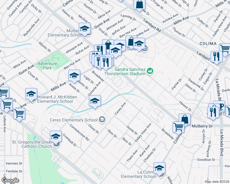map of restaurants, bars, coffee shops, grocery stores, and more near 14315 Broadway in Whittier