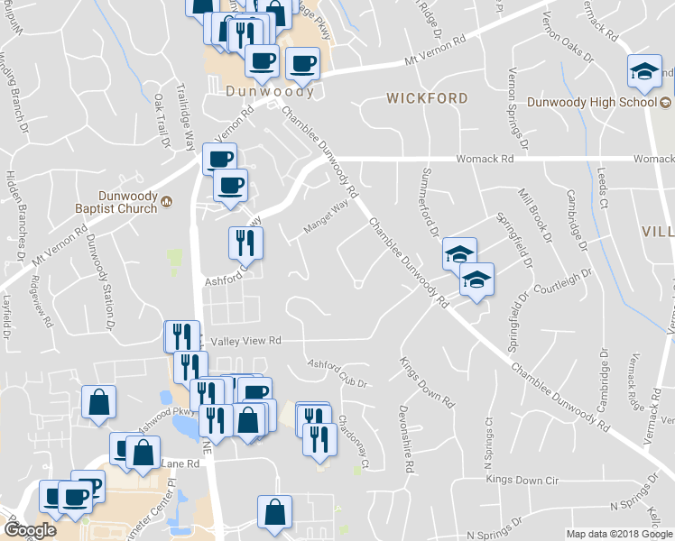 map of restaurants, bars, coffee shops, grocery stores, and more near 1364 Nerine Circle in Dunwoody