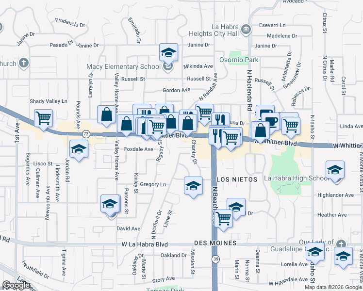 map of restaurants, bars, coffee shops, grocery stores, and more near 2232 Kenrich Court in La Habra