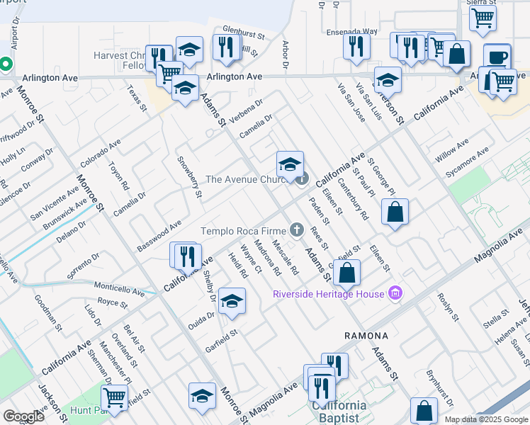 map of restaurants, bars, coffee shops, grocery stores, and more near 4215 Mescale Road in Riverside