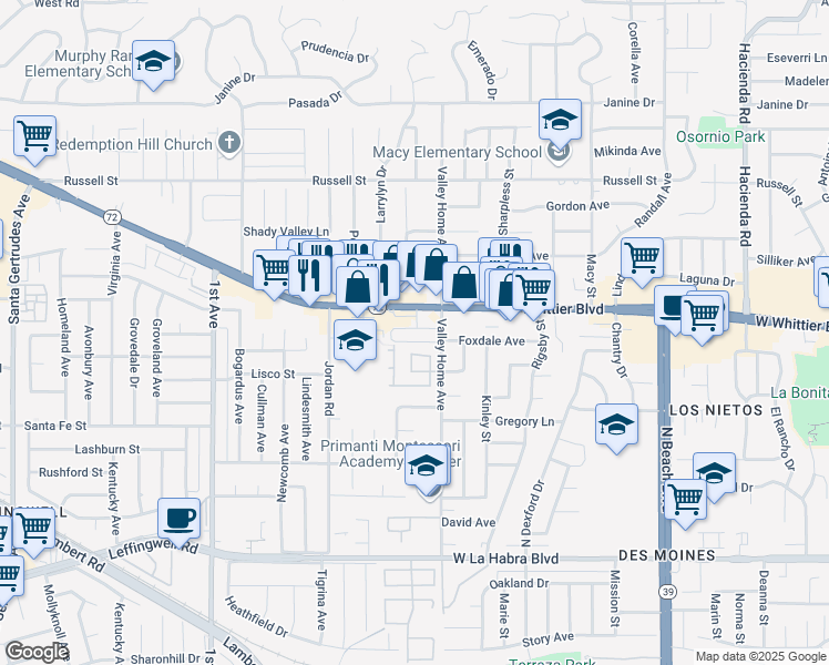 map of restaurants, bars, coffee shops, grocery stores, and more near 16540 Whittier Boulevard in Whittier