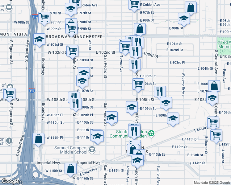 map of restaurants, bars, coffee shops, grocery stores, and more near 338 East 107th Street in Los Angeles