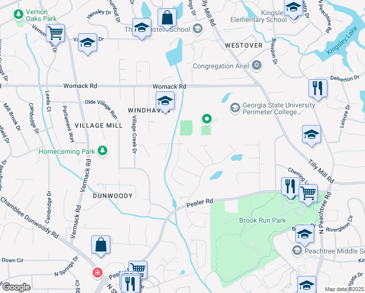 map of restaurants, bars, coffee shops, grocery stores, and more near 4841 Village North Court in Dunwoody
