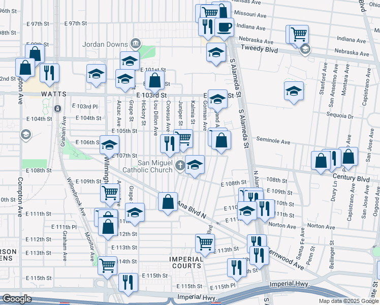 map of restaurants, bars, coffee shops, grocery stores, and more near 10621 Kalmia Street in Los Angeles