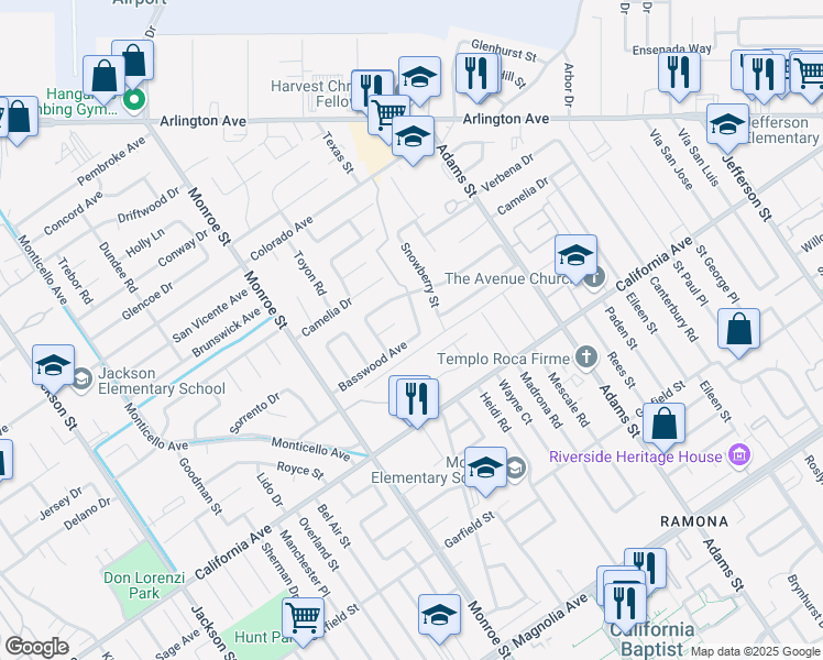 map of restaurants, bars, coffee shops, grocery stores, and more near 8507 Basswood Avenue in Riverside