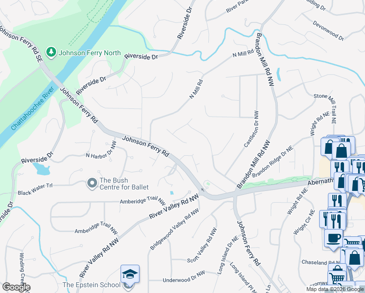 map of restaurants, bars, coffee shops, grocery stores, and more near 190 North Springs Court in Atlanta