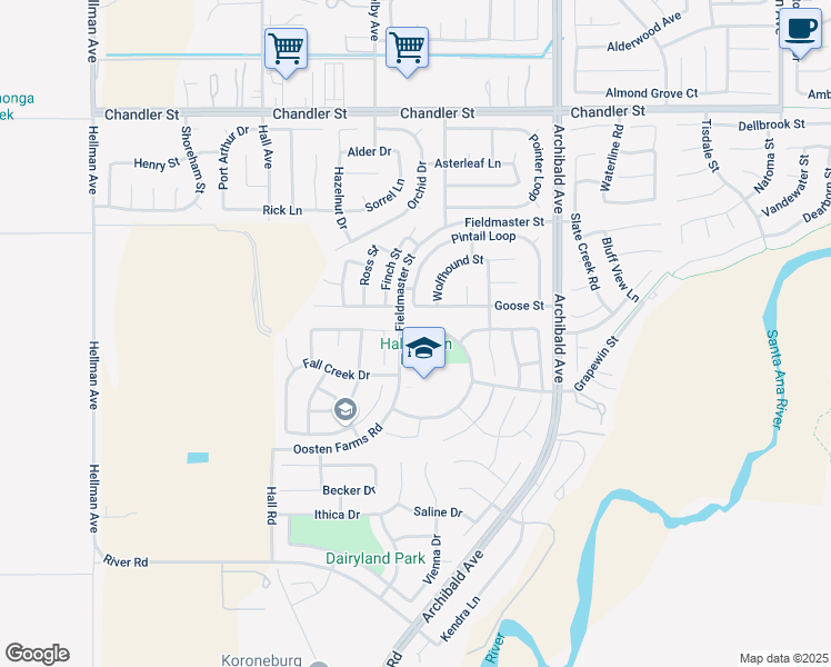 map of restaurants, bars, coffee shops, grocery stores, and more near 14383 Cherry Creek Circle in Eastvale