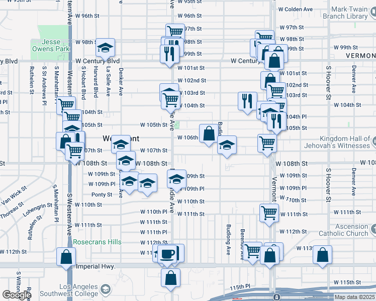 map of restaurants, bars, coffee shops, grocery stores, and more near 1323 West 107th Street in Los Angeles
