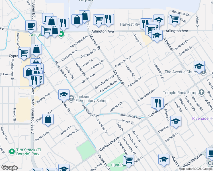 map of restaurants, bars, coffee shops, grocery stores, and more near 8797 Brunswick Avenue in Riverside