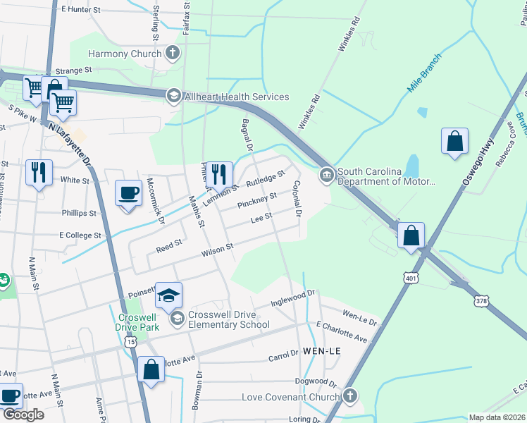 map of restaurants, bars, coffee shops, grocery stores, and more near 231 Lee Street in Sumter