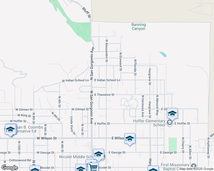 map of restaurants, bars, coffee shops, grocery stores, and more near 1524 North Alessandro Street in Banning