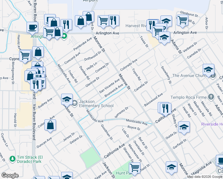 map of restaurants, bars, coffee shops, grocery stores, and more near 8797 Brunswick Avenue in Riverside