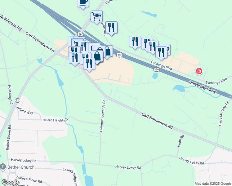 map of restaurants, bars, coffee shops, grocery stores, and more near 445 Carl Bethlehem Road Southwest in Bethlehem