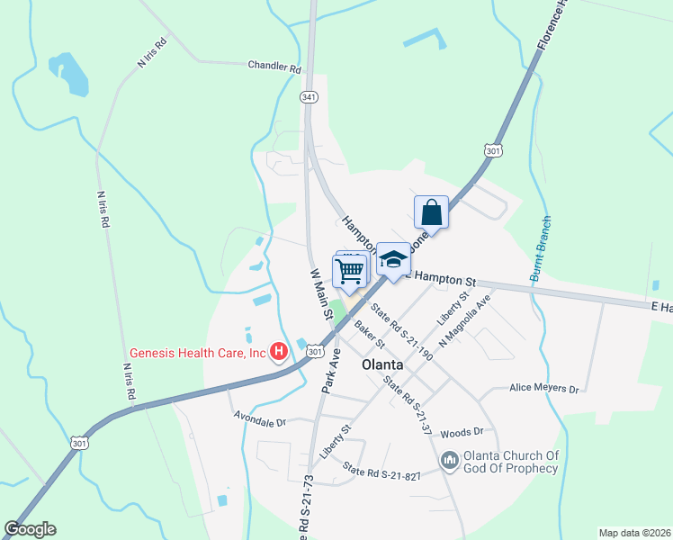 map of restaurants, bars, coffee shops, grocery stores, and more near 209 Church St in Olanta