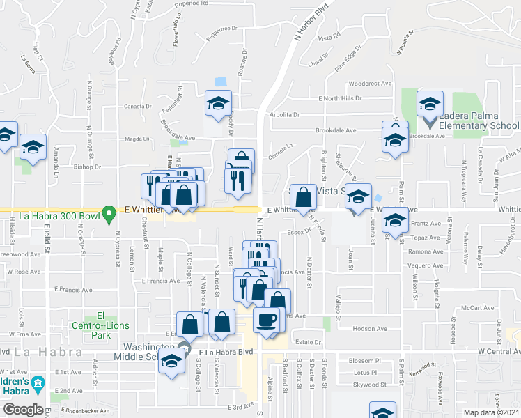 map of restaurants, bars, coffee shops, grocery stores, and more near 951 East Whittier Boulevard in La Habra
