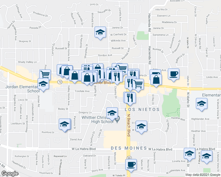 map of restaurants, bars, coffee shops, grocery stores, and more near 2232 Kenrich Court in La Habra