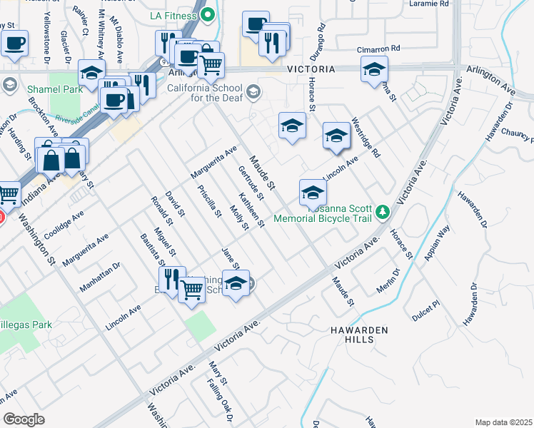 map of restaurants, bars, coffee shops, grocery stores, and more near 2906 Gertrude Street in Riverside