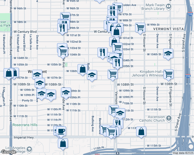 map of restaurants, bars, coffee shops, grocery stores, and more near 1119 West 107th Street in Los Angeles