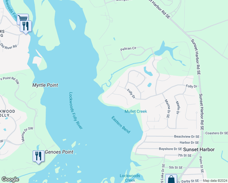 map of restaurants, bars, coffee shops, grocery stores, and more near 3216 Mullet Creek Place Southeast in Bolivia