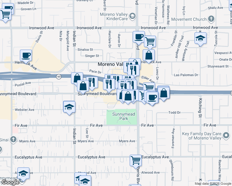 map of restaurants, bars, coffee shops, grocery stores, and more near 24816 Sunnymead Boulevard in Moreno Valley