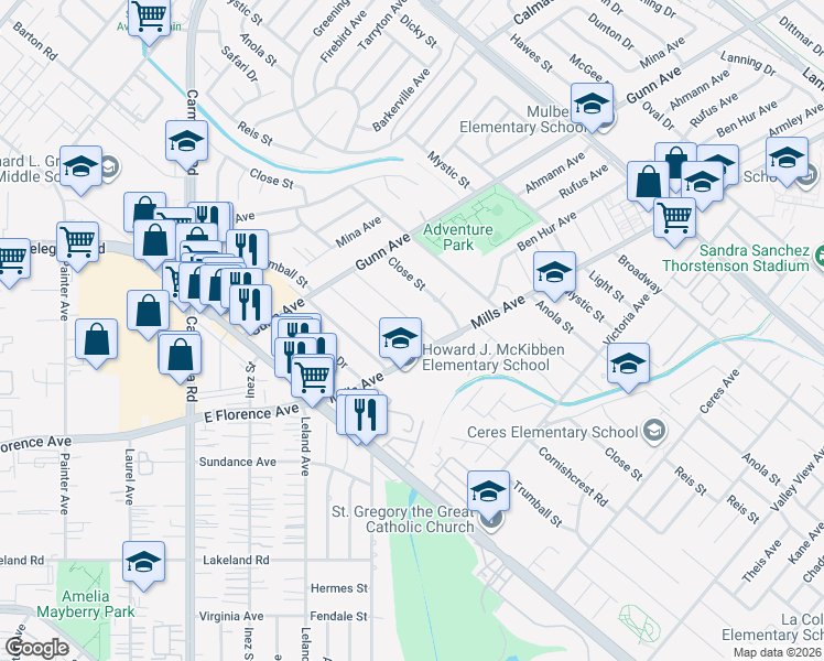 map of restaurants, bars, coffee shops, grocery stores, and more near 13834 Cornishcrest Road in Whittier