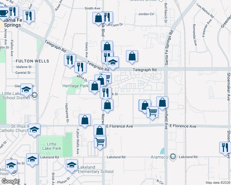 map of restaurants, bars, coffee shops, grocery stores, and more near 10547 Wisteria Circle in Santa Fe Springs