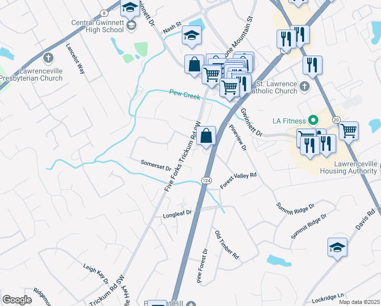map of restaurants, bars, coffee shops, grocery stores, and more near 493 Stone Mountain Street in Lawrenceville