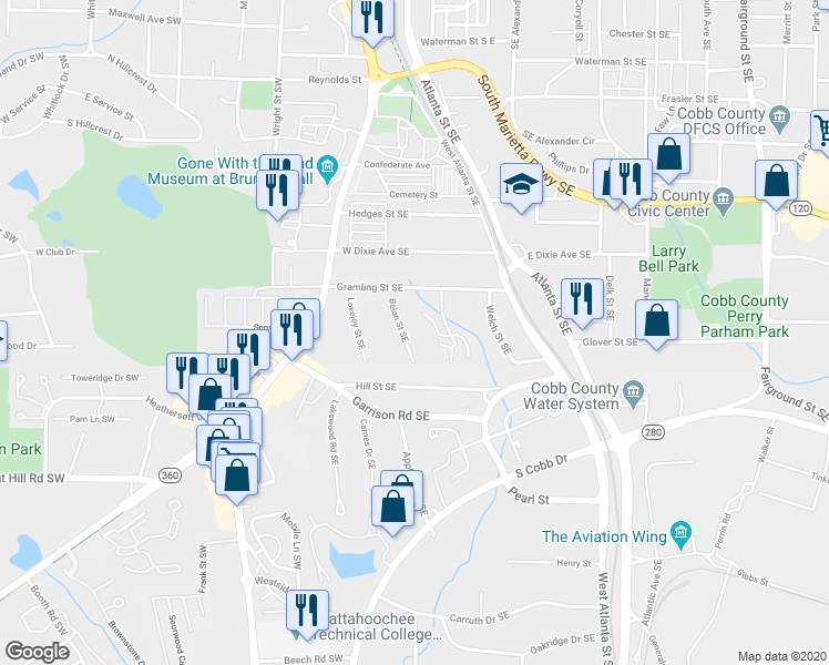 map of restaurants, bars, coffee shops, grocery stores, and more near 555 Bolan Street Southeast in Marietta