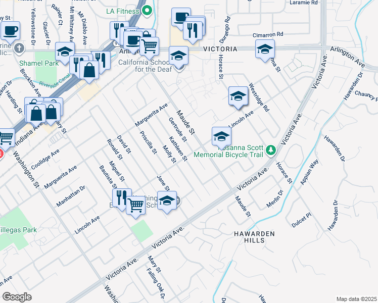 map of restaurants, bars, coffee shops, grocery stores, and more near 2906 Gertrude Street in Riverside