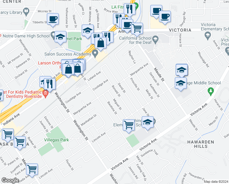 map of restaurants, bars, coffee shops, grocery stores, and more near 3076 Ronald Street in Riverside