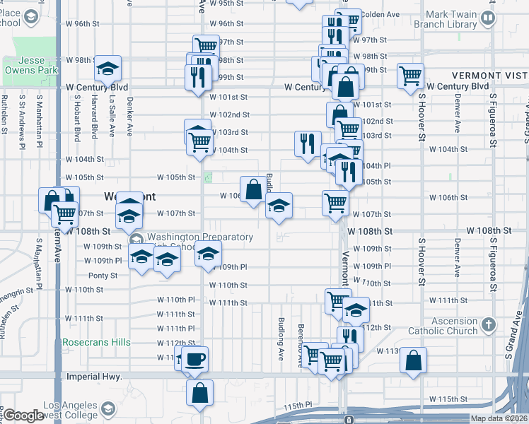 map of restaurants, bars, coffee shops, grocery stores, and more near 10625 South Budlong Avenue in Los Angeles