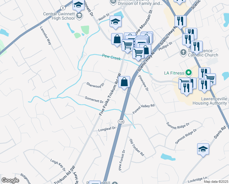 map of restaurants, bars, coffee shops, grocery stores, and more near 493 Stone Mountain Street in Lawrenceville