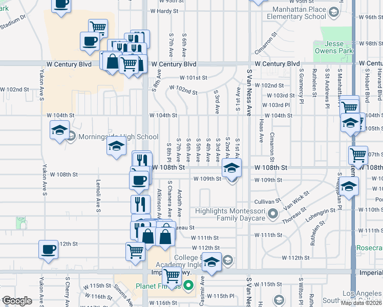 map of restaurants, bars, coffee shops, grocery stores, and more near 10624 South 6th Avenue in Inglewood