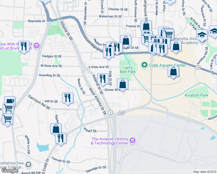 map of restaurants, bars, coffee shops, grocery stores, and more near 395 Glover St SE in Marietta