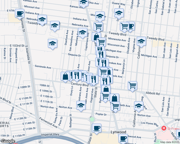 map of restaurants, bars, coffee shops, grocery stores, and more near 10508 San Jose Avenue in South Gate