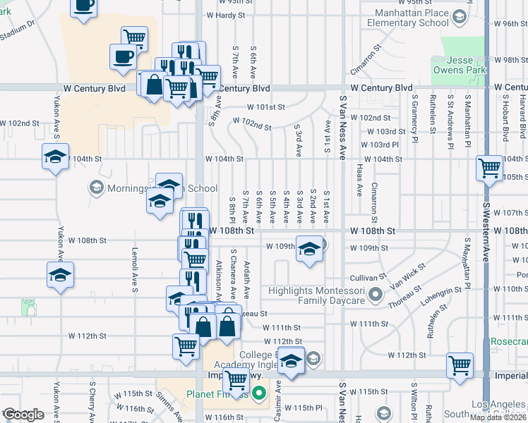 map of restaurants, bars, coffee shops, grocery stores, and more near 10624 South 6th Avenue in Inglewood