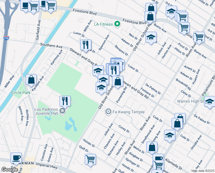 map of restaurants, bars, coffee shops, grocery stores, and more near 7352 Nada Street in Downey