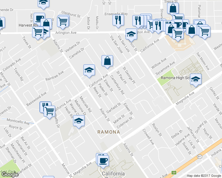 map of restaurants, bars, coffee shops, grocery stores, and more near Eileen Street in Riverside