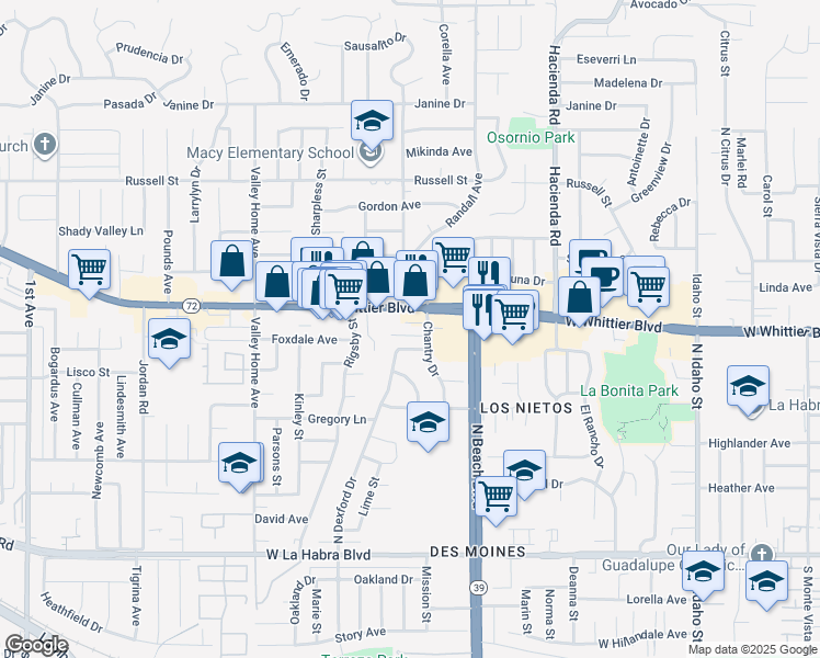 map of restaurants, bars, coffee shops, grocery stores, and more near 2232 Kenrich Court in La Habra
